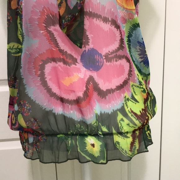 Desigual Sheer Floral Tie V-Neck Blouse S Y2K Cap Sleeve Art Print - Picture 16 of 17